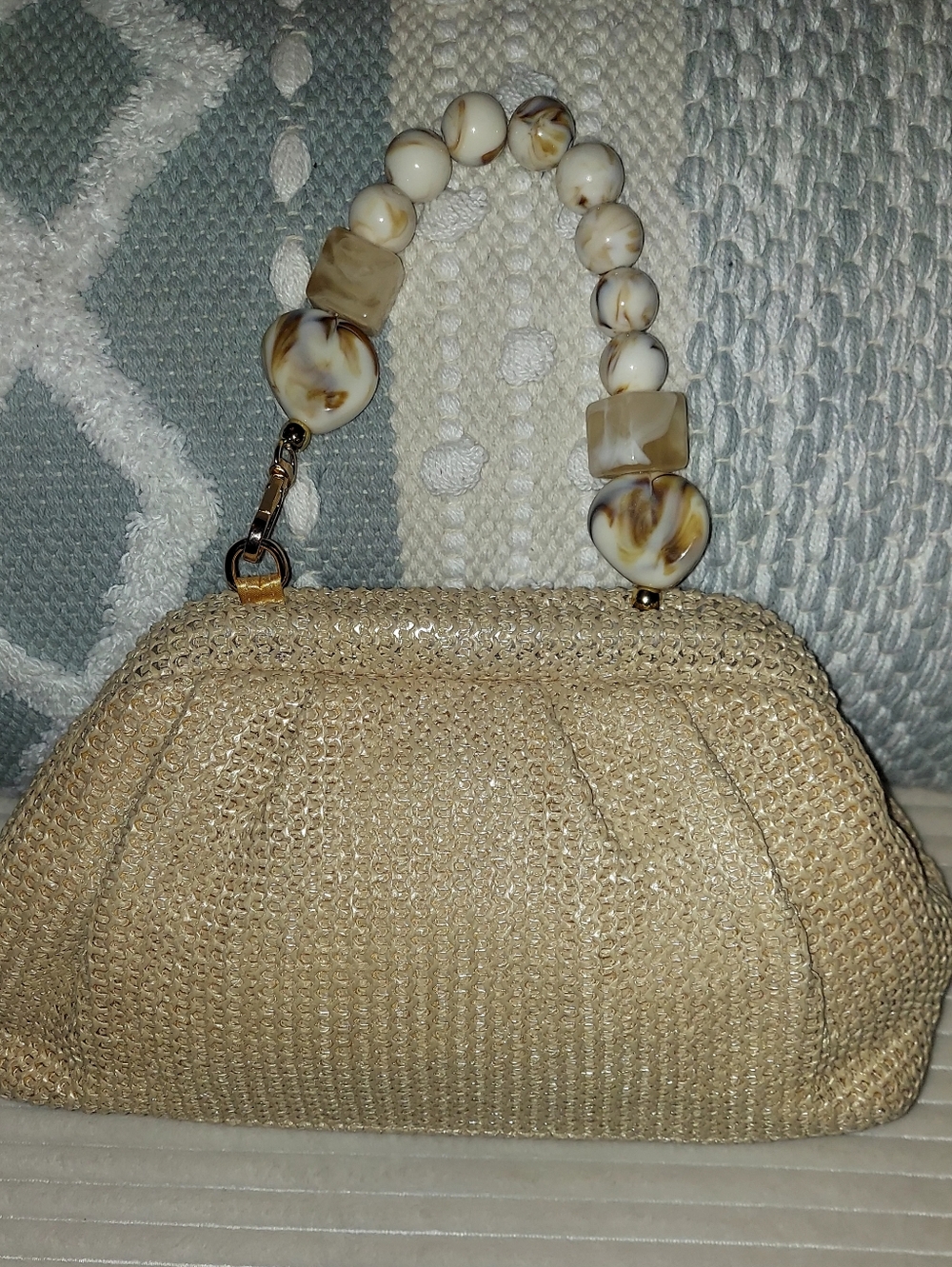 Adorable Straw Purse With Marble Beaded Handle